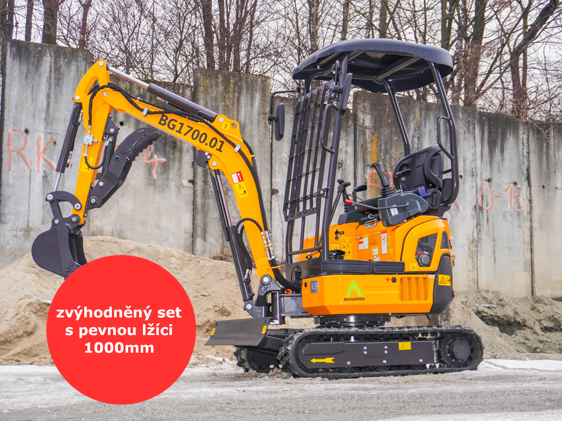 Minibagr BG1700.01 Kubota, Hydraulický palec, zvýhodněný set s pevnou lžíci 1000mm