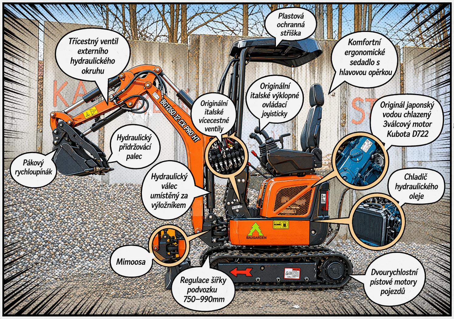 Minibagr BG1260.12 CX PRO HT Kubota, lžíce 400mm, HYDRO přidržovací palec